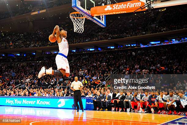 Iman Shumpert of the New York Knicks dunks the ball during a game against the Atlanta Hawks at Madison Square Garden on November 10, 2014 in New York...