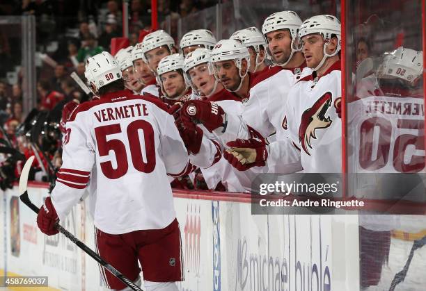 Antoine Vermette the Phoenix Coyotes celebrates his second period goal against the Ottawa Senators with teammates at the players' bench at Canadian...