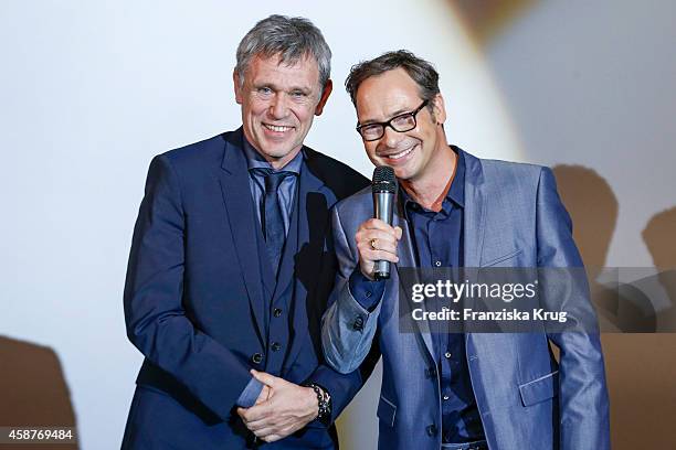 Ulrich Voigt and Matthias Opdenhoevel attend the 'Die Mannschaft' Premiere at Sony Centre on November 10, 2014 in Berlin, Germany.