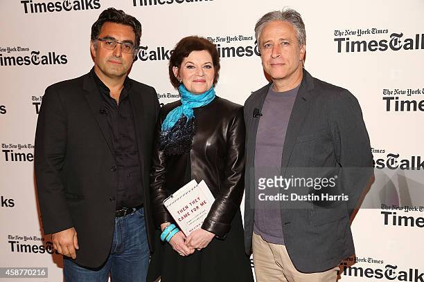 Maziar Bahari, Janet Maslin and Jon Stewart at TheTimesCenter on November 10, 2014 in New York City.