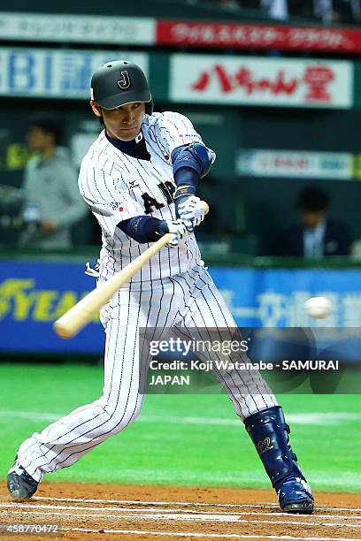 Catcher Hikaru Ito of Samurai Japan bats during the friendly match between Samurai Japan and Fukuoka SoftBank Hawks & Hokkaido Nipponham Fighters at...