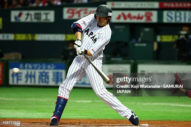 Outfielder Yuki Yanagita of Samurai Japan bats during the friendly match between Samurai Japan and Fukuoka SoftBank Hawks & Hokkaido Nipponham...