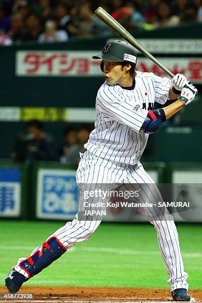 Outfielder Yuki Yanagita of Samurai Japan bats during the friendly match between Samurai Japan and Fukuoka SoftBank Hawks & Hokkaido Nipponham...