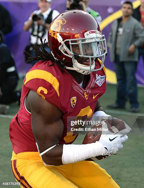 Josh Shaw of the USC Trojans intercepts a pass in the end zone against the Fresno State Bulldogs during the Royal Purple Las Vegas Bowl at Sam Boyd...