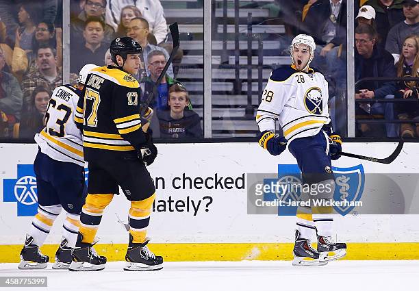 Zemgus Girgensons of the Buffalo Sabres celebrates following his goal in the first period against the Boston Bruins during the game at TD Garden on...