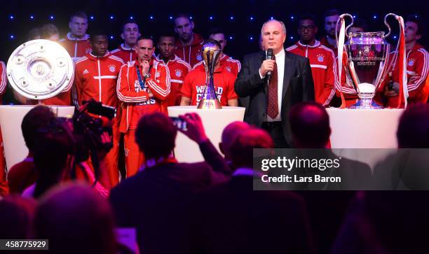 Uli Hoeness, president of Bayern Muenchen, holds a speach during the Banquet after the FIFA Club World Cup Final between FC Bayern Muenchen and Raja...