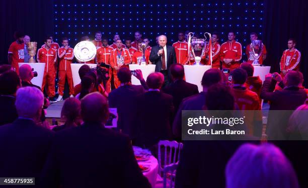 Uli Hoeness, president of Bayern Muenchen, holds a speach during the Banquet after the FIFA Club World Cup Final between FC Bayern Muenchen and Raja...