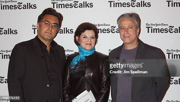 Journalist Maziar Bahari, writer Janet Maslin and director/tv personality Jon Stewart attend the TimesTalks with Jon Stewart and Maziar Bahari at...