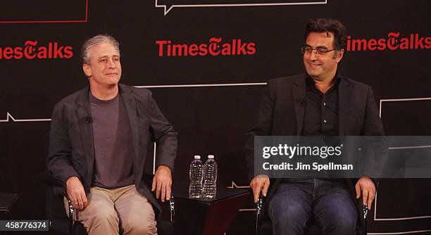 Director/tv personality Jon Stewart and journalist Maziar Bahari attends the TimesTalks with Jon Stewart and Maziar Bahari at TheTimesCenter on...