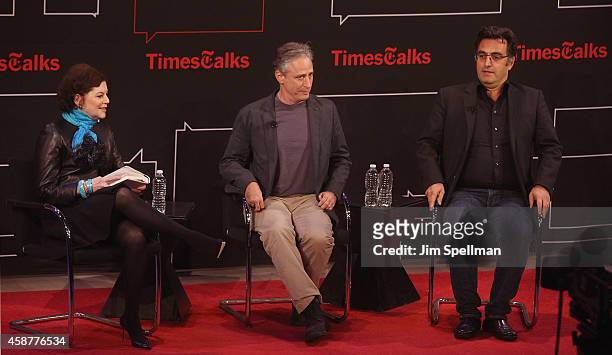 Writer Janet Maslin, director/tv personality Jon Stewart and journalist Maziar Bahari attend the TimesTalks with Jon Stewart and Maziar Bahari at...