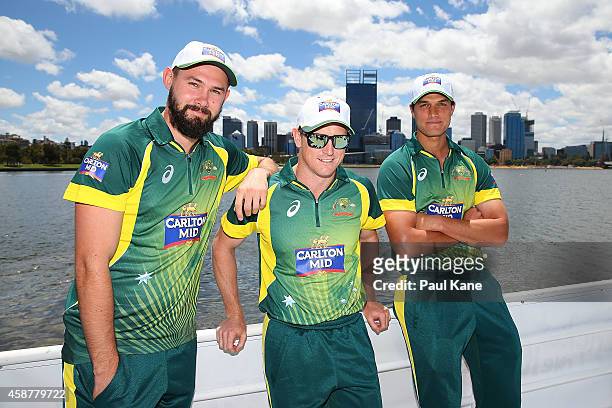 Kane Richardson, George Bailey and Nathan Coulter-Nile pose onboard during Blue Destiny during the Australia v South Africa One Day International...