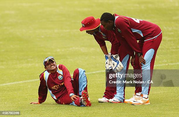 Anisa Mohammed of the West Indies is injured during game one of the women's One Day International series between Australia and the West Indies at...