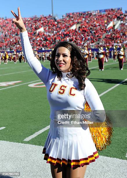 Trojans Song Girl Alexa Trujillo performs before the team's game against the Fresno State Bulldogs in the Royal Purple Las Vegas Bowl at Sam Boyd...