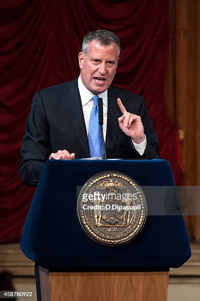 New York City mayor Bill de Blasio speaks onstage during the "Made In NY" Awards Ceremony at Weylin B. Seymour's on November 10, 2014 in Brooklyn,...