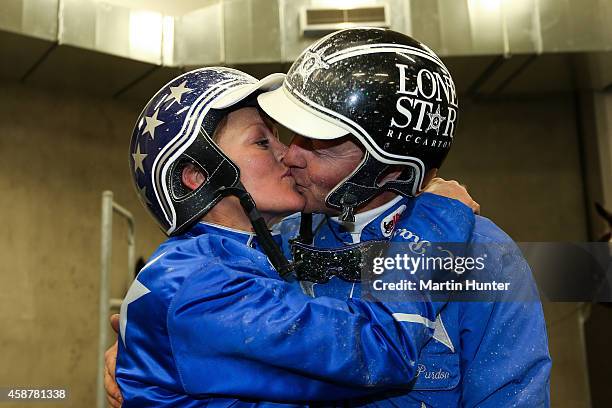 Mark Purdon celebrates with his partner Natalie Rasmussen after winning the NZ Trotting Cup during the Christchurch New Zealand Trotting Cup at...