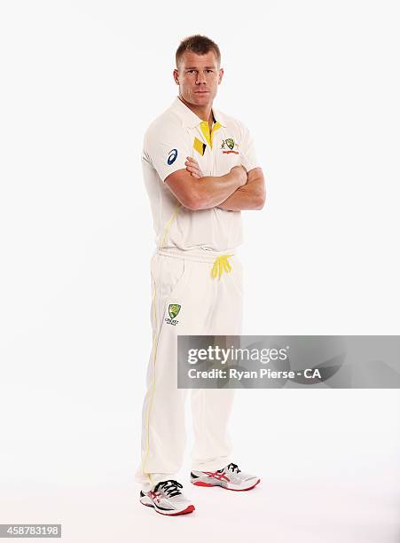 David Warner of Australia poses during an Australian Test Team Portrait Session on August 11, 2014 in Sydney, Australia.