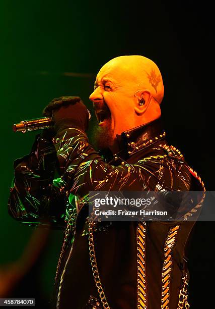 Rob Halford of Judas Priest perform at the Nokia Theatre L.A. Live at Nokia Theatre L.A. Live on November 10, 2014 in Los Angeles, California.