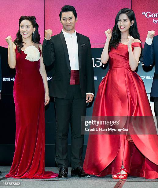 Actors Bada , Joo Jin-Mo and Seohyun of South Korean girl group Girls' Generation attend the press conference for musical "Gone With The Wind" on...