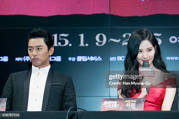 Actor Joo Jin-Mo and Seohyun of South Korean girl group Girls' Generation attend the press conference for musical "Gone With The Wind" on November...