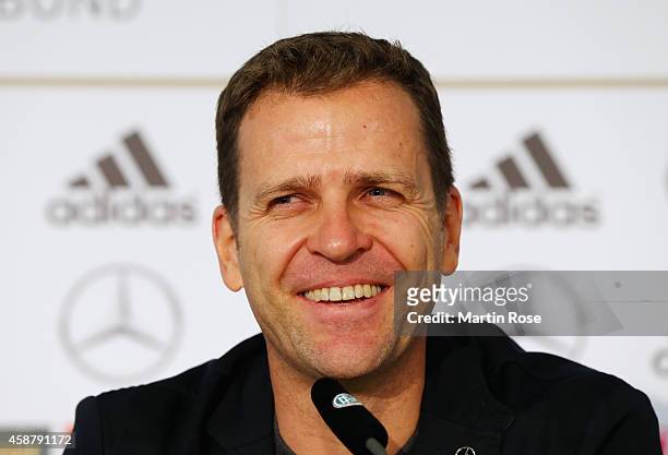 Manager Oliver Bierhoff of Germany laughs during a press conference ahead of their EURO 2016 Group D qualifying match against Gibraltar on November...