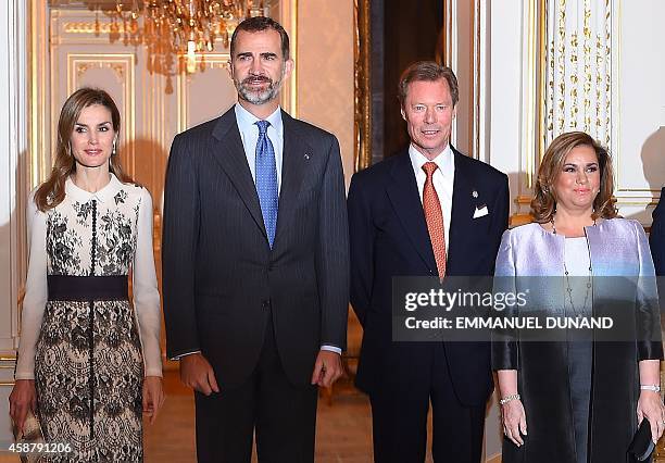 Spain's King Felipe VI , his wife Queen Letizia , Grand Duke Henri of Luxembourg and his wife Grand Duchess Maria Teresa pose during an official...