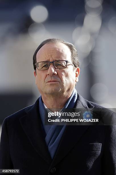 French President Francois Hollande wearing a bluberry flower, tribute to the WWI French soldiers, attends a ceremony to commemorate the end of the...