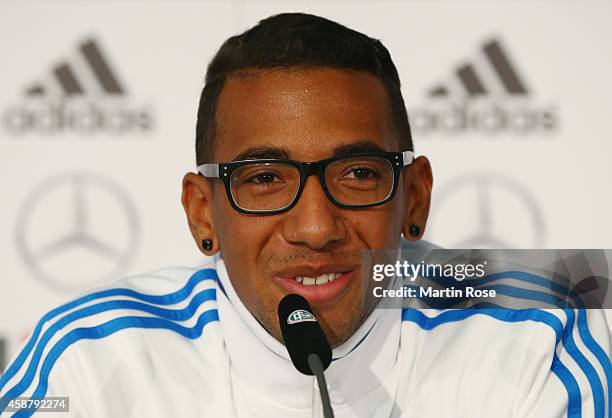 Jerome Boateng of Germany reacts during a press conference ahead of their EURO 2016 Group D qualifying match against Gibraltar on November 11, 2014...