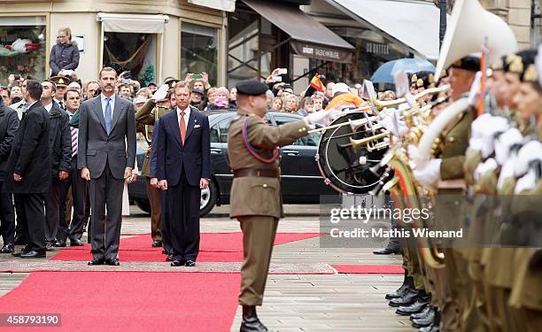 King Felipe VI of Spain and Grand Duke Henri of Luxembourg attend a one-day official visit by the Spanish Royals on November 11, 2014 in Luxembourg,...