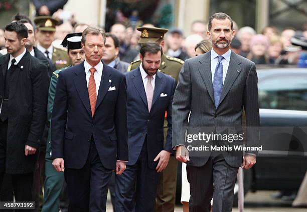 King Felipe VI of Spain , Grand Duke Henri of Luxembourg and Prince Guillaume, Hereditary Grand Duke of Luxembourg attend a one-day official visit by...