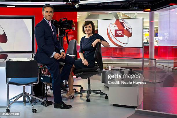 An inside look at the worldwide headquarters of the BBC news at Broadcasting House. News presenters Matthew Amroliwala and Jane Hill. Photographed...