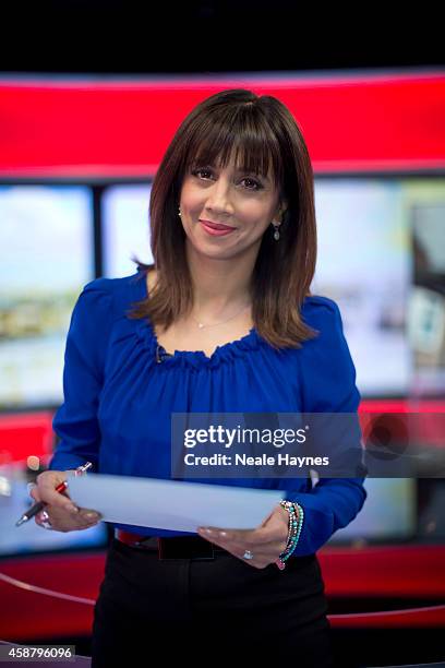 An inside look at the worldwide headquarters of the BBC news at Broadcasting House. News presenter Riz Lateef. Photographed for Event magazine on...