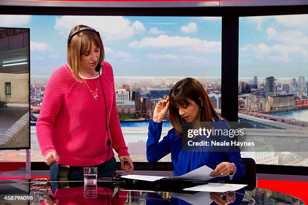 An inside look at the worldwide headquarters of the BBC news at Broadcasting House. News presenter Riz Lateef. Photographed for Event magazine on...