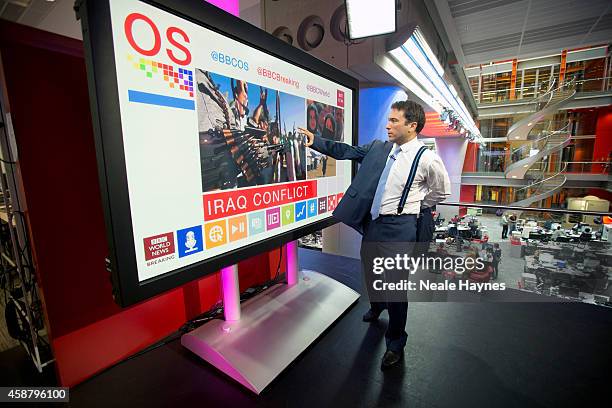 An inside look at the worldwide headquarters of the BBC news at Broadcasting House. News presenter Ros Atkins. Photographed for Event magazine on...