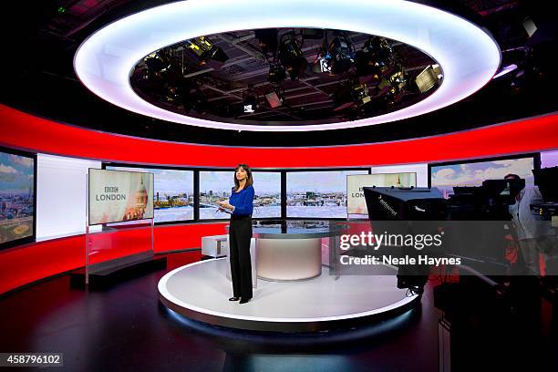 An inside look at the worldwide headquarters of the BBC news at Broadcasting House. News presenter Riz Lateef. Photographed for Event magazine on...