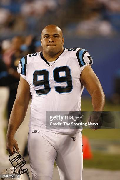 Ma'ake Kemoeatu of the Carolina Panthers walks on the field during a game against the Washington Redskins on August 23, 2008 at the Bank of America...