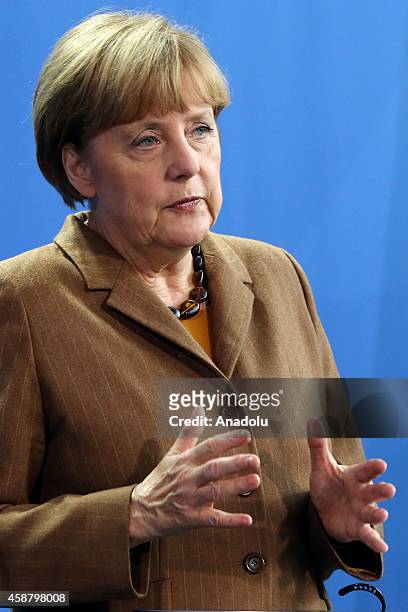 Germany's Chancellor Angela Merkel gives a speech during a joint press release with Pakistan's Prime Minister Nawaz Sharif after their meeting at the...