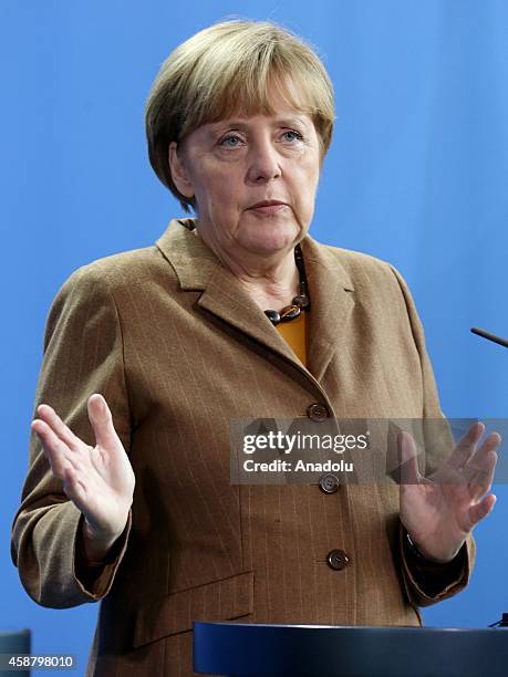 Germany's Chancellor Angela Merkel gives a speech during a joint press release with Pakistan's Prime Minister Nawaz Sharif after their meeting at the...