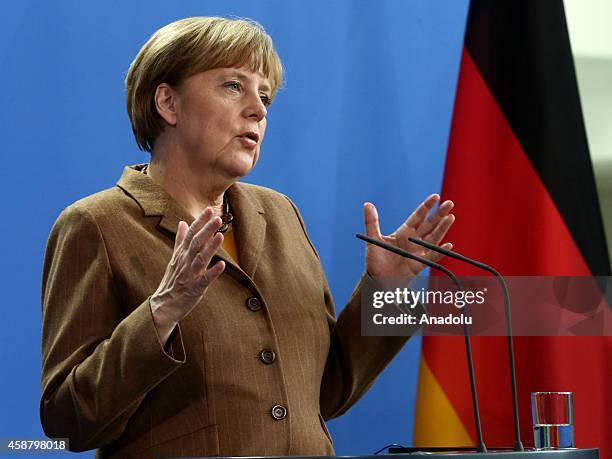 Germany's Chancellor Angela Merkel gives a speech during a joint press release with Pakistan's Prime Minister Nawaz Sharif after their meeting at the...