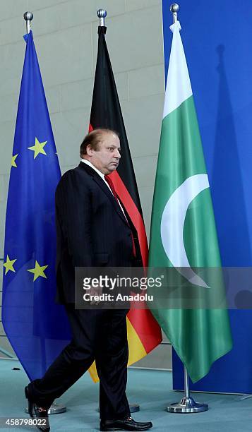 Pakistan's Prime Minister Nawaz Sharif gives a speech during a joint press release with Germany's Chancellor Angela Merkel after their meeting at the...
