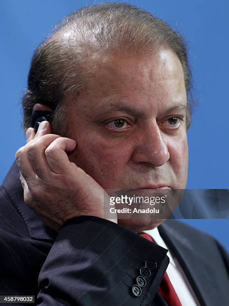 Pakistan's Prime Minister Nawaz Sharif gives a speech during a joint press release with Germany's Chancellor Angela Merkel after their meeting at the...