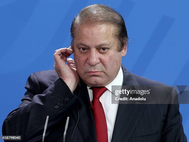 Pakistan's Prime Minister Nawaz Sharif gives a speech during a joint press release with Germany's Chancellor Angela Merkel after their meeting at the...