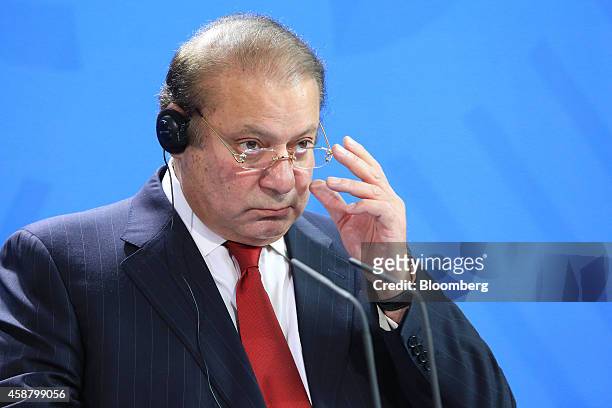 Nawaz Sharif, Pakistan's prime minister, pauses during a news conference at the Chancellery in Berlin, Germany, on Tuesday, Nov. 11, 2014. Angela...