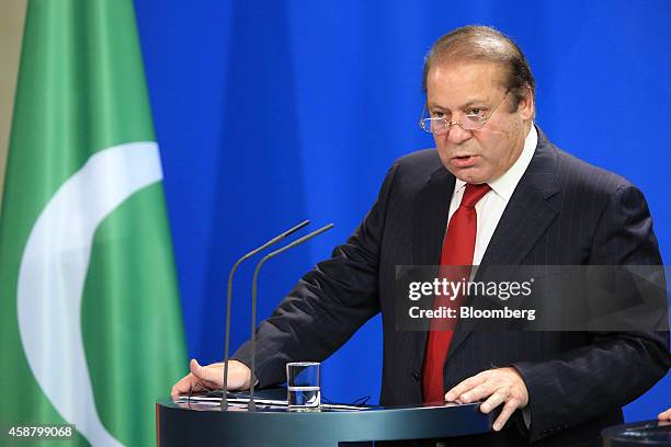 Nawaz Sharif, Pakistan's prime minister, speaks during a news conference at the Chancellery in Berlin, Germany, on Tuesday, Nov. 11, 2014. Angela...