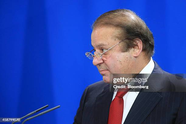 Nawaz Sharif, Pakistan's prime minister, pauses during a news conference at the Chancellery in Berlin, Germany, on Tuesday, Nov. 11, 2014. Angela...