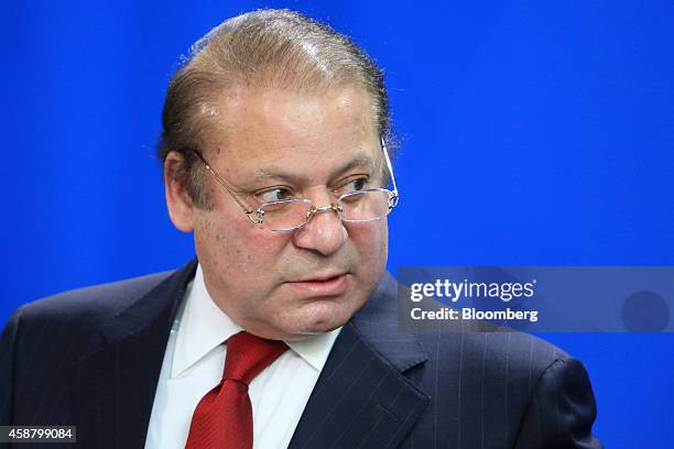 Nawaz Sharif, Pakistan's prime minister, speaks during a news conference at the Chancellery in Berlin, Germany, on Tuesday, Nov. 11, 2014. Angela...