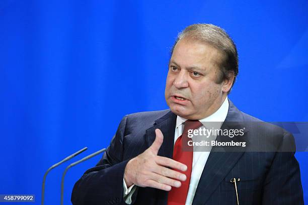 Nawaz Sharif, Pakistan's prime minister, speaks during a news conference at the Chancellery in Berlin, Germany, on Tuesday, Nov. 11, 2014. Angela...