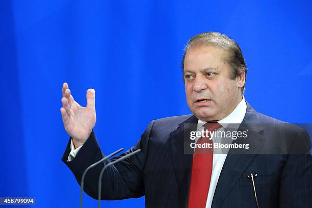 Nawaz Sharif, Pakistan's prime minister, gestures as he speaks during a news conference at the Chancellery in Berlin, Germany, on Tuesday, Nov. 11,...