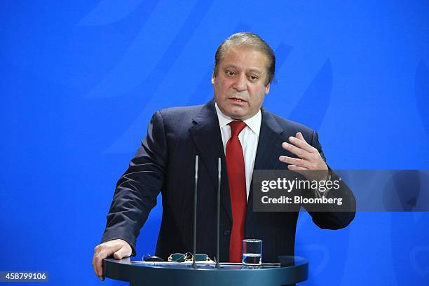 Nawaz Sharif, Pakistan's prime minister, gestures as he speaks during a news conference at the Chancellery in Berlin, Germany, on Tuesday, Nov. 11,...