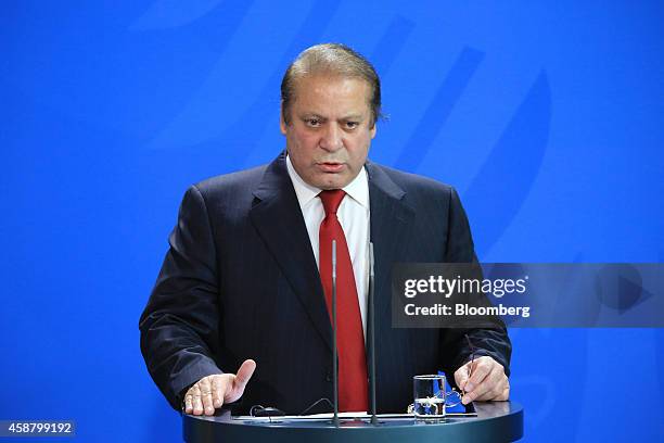Nawaz Sharif, Pakistan's prime minister, speaks during a news conference at the Chancellery in Berlin, Germany, on Tuesday, Nov. 11, 2014. Angela...