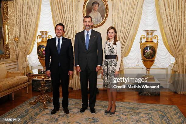 Xaver Bettel with King Felipe VI of Spain and Queen Letizia of Spain during a one day visit to Luxembourg on November 11, 2014 in Luxembourg,...